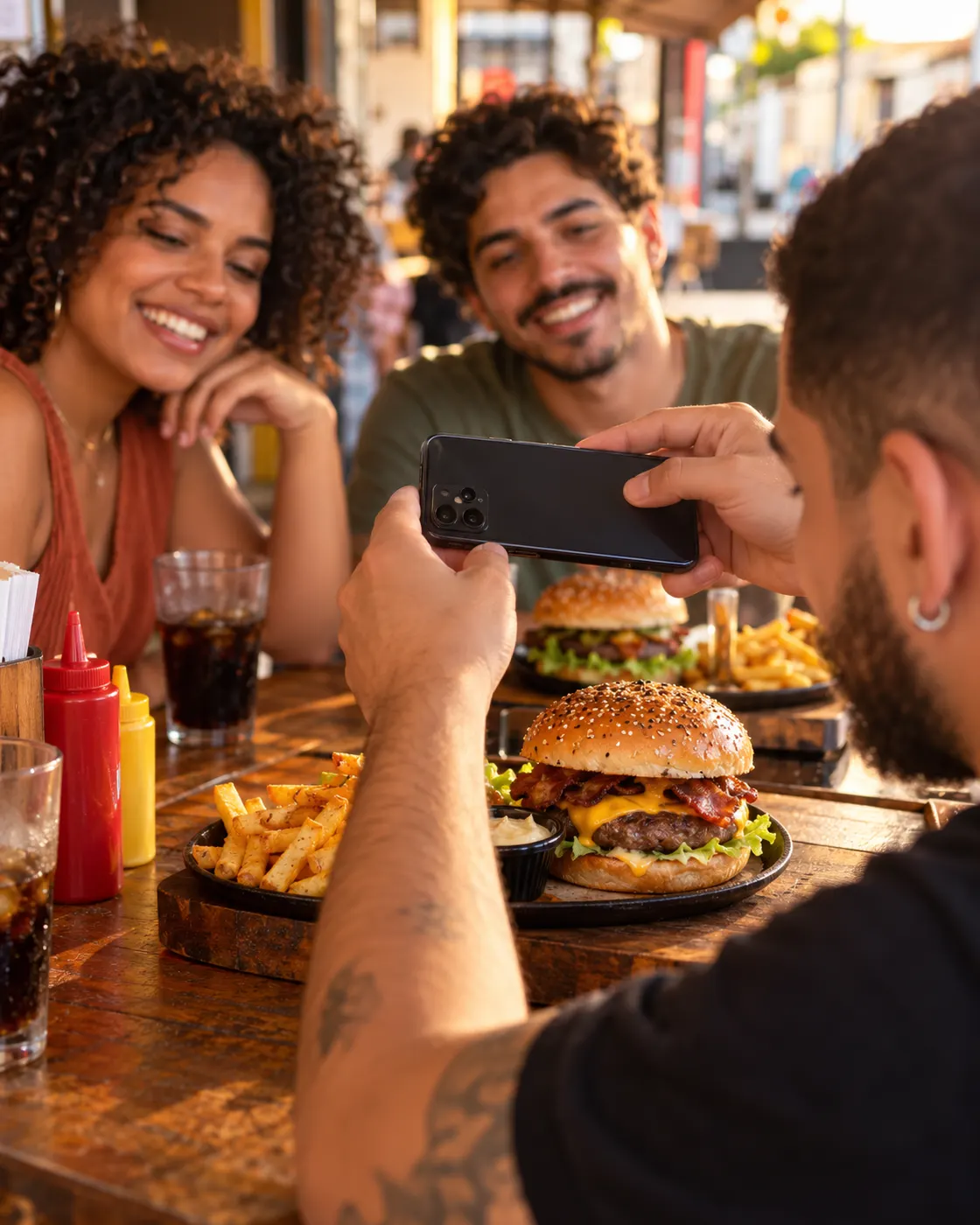 Amigos fotografando o lanche na mesa da hamburgueria