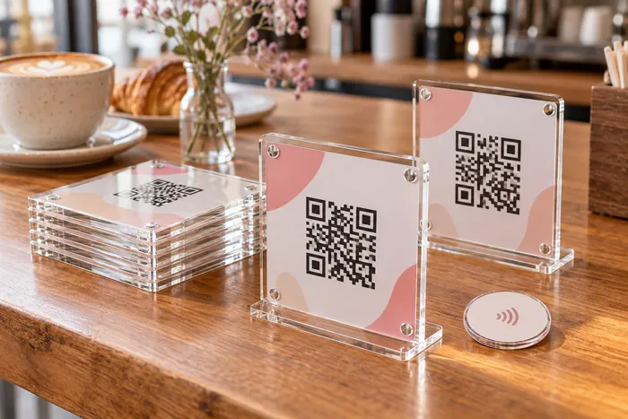Kit de plaquinhas de QR code e NFC no balcão